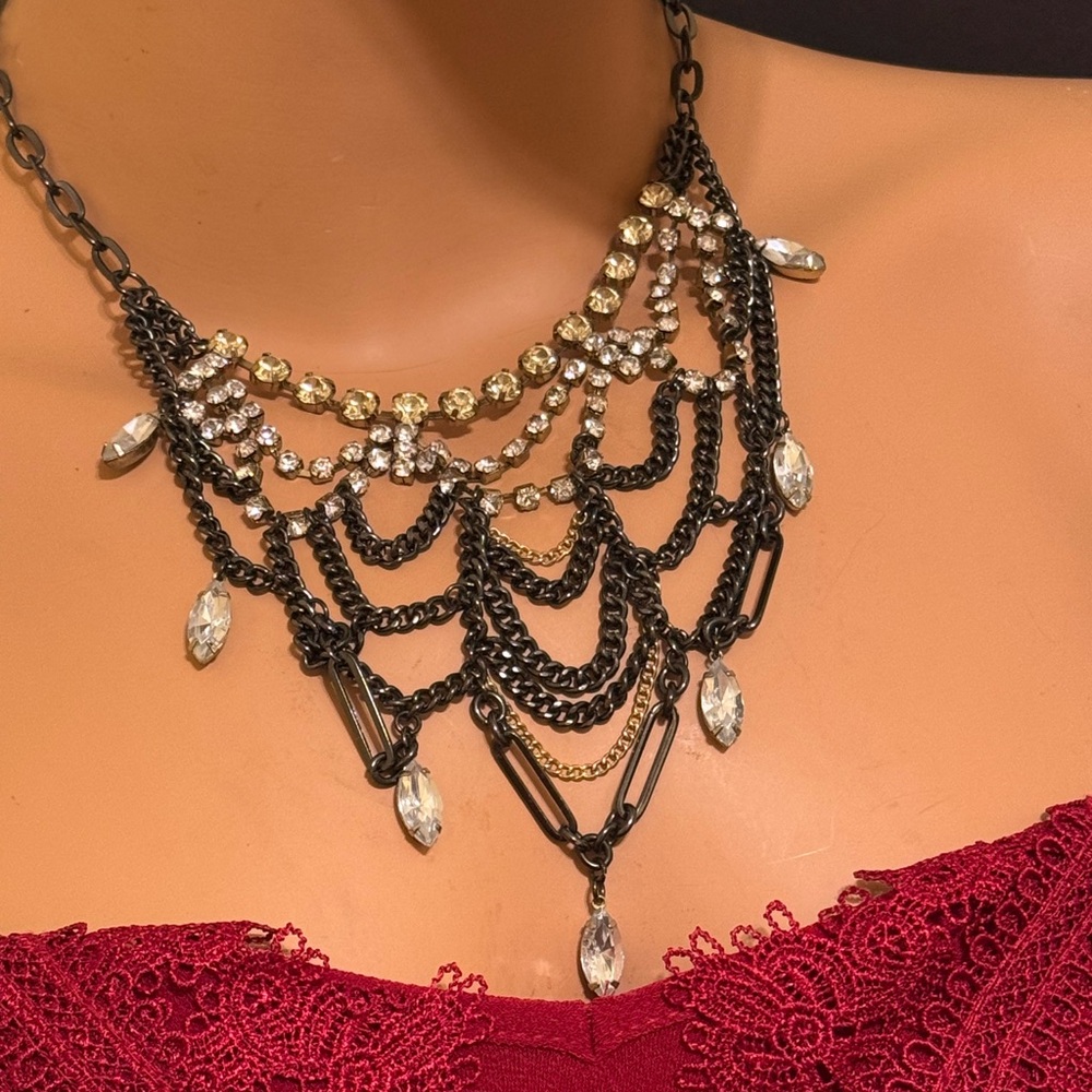 Gunmetal and gold tone chain link and rhinestone bib necklace